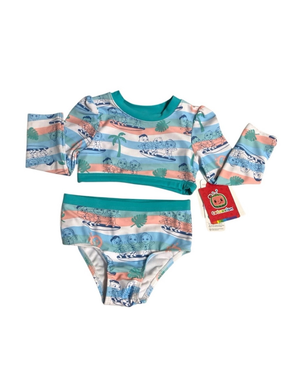 CoComelon' Long-Sleeve Swim Rashguard Character Set in Aqua & Coral Stripe - Picture 15 of 16